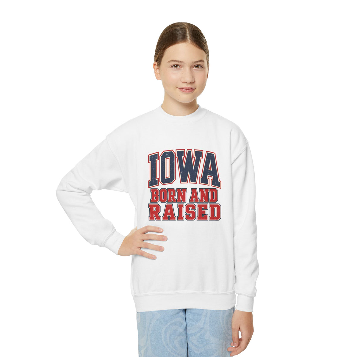 Iowa Born and Raised Vintage Collegiate Unisex Youth Crewneck Sweatshirt Graphic