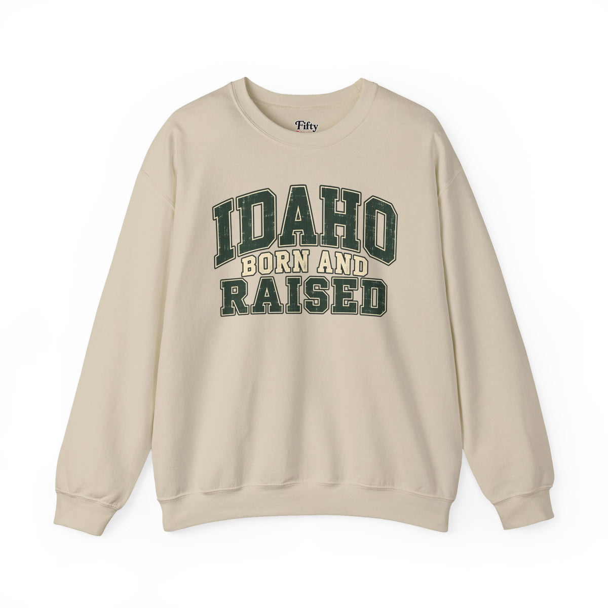 Idaho Born and Raised Unisex Crewneck Sweatshirt State Name Graphic
