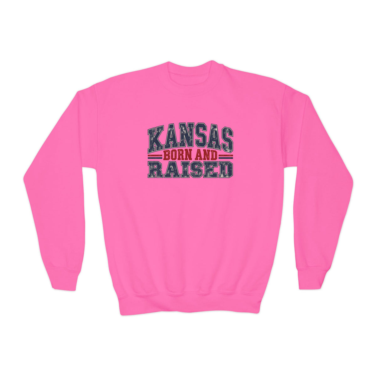 Kansas Born and Raised Vintage Americana Unisex Youth Crewneck Sweatshirt Graphic