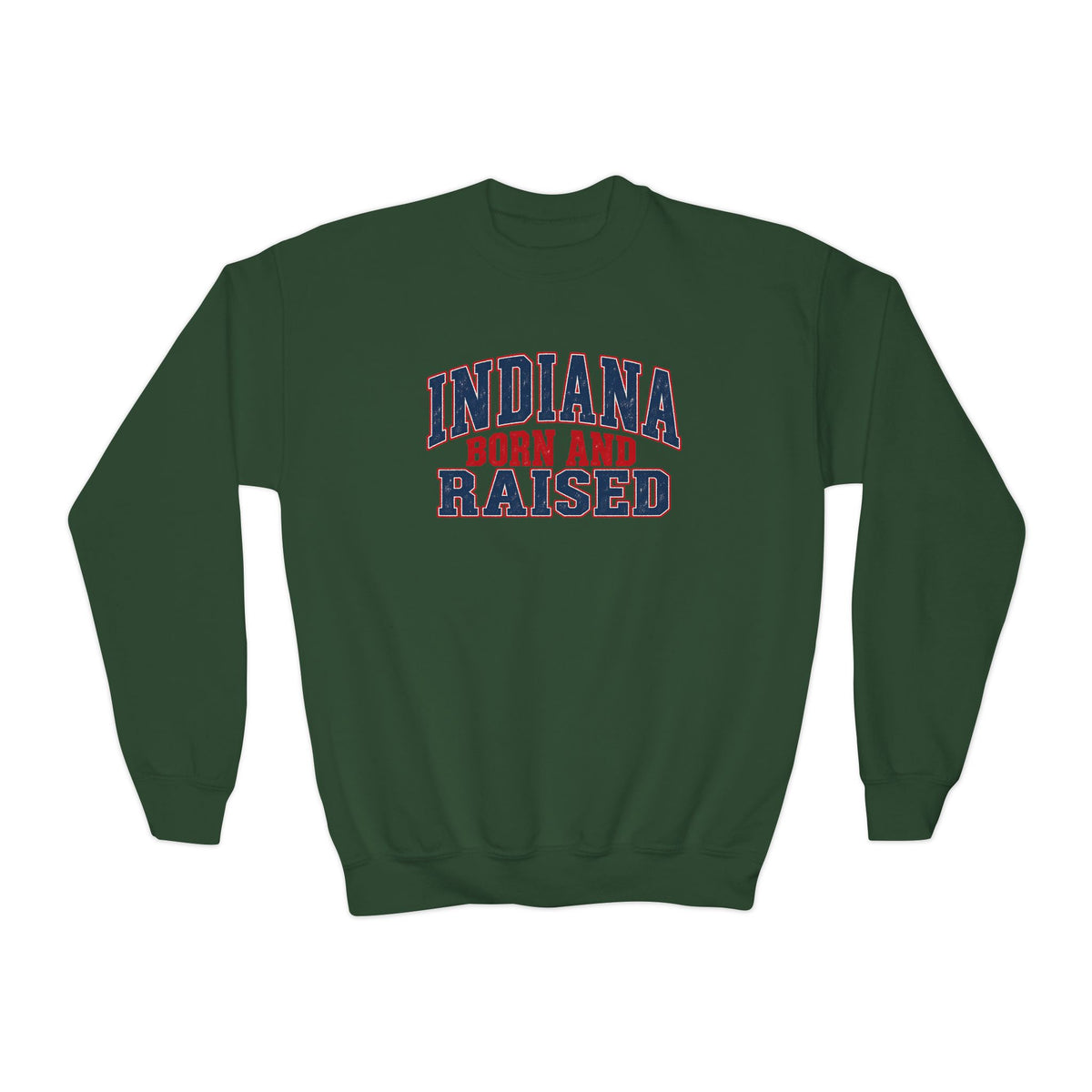 Indiana Born and Raised Bold Hometown Pride Unisex Youth Crewneck Sweatshirt Graphic