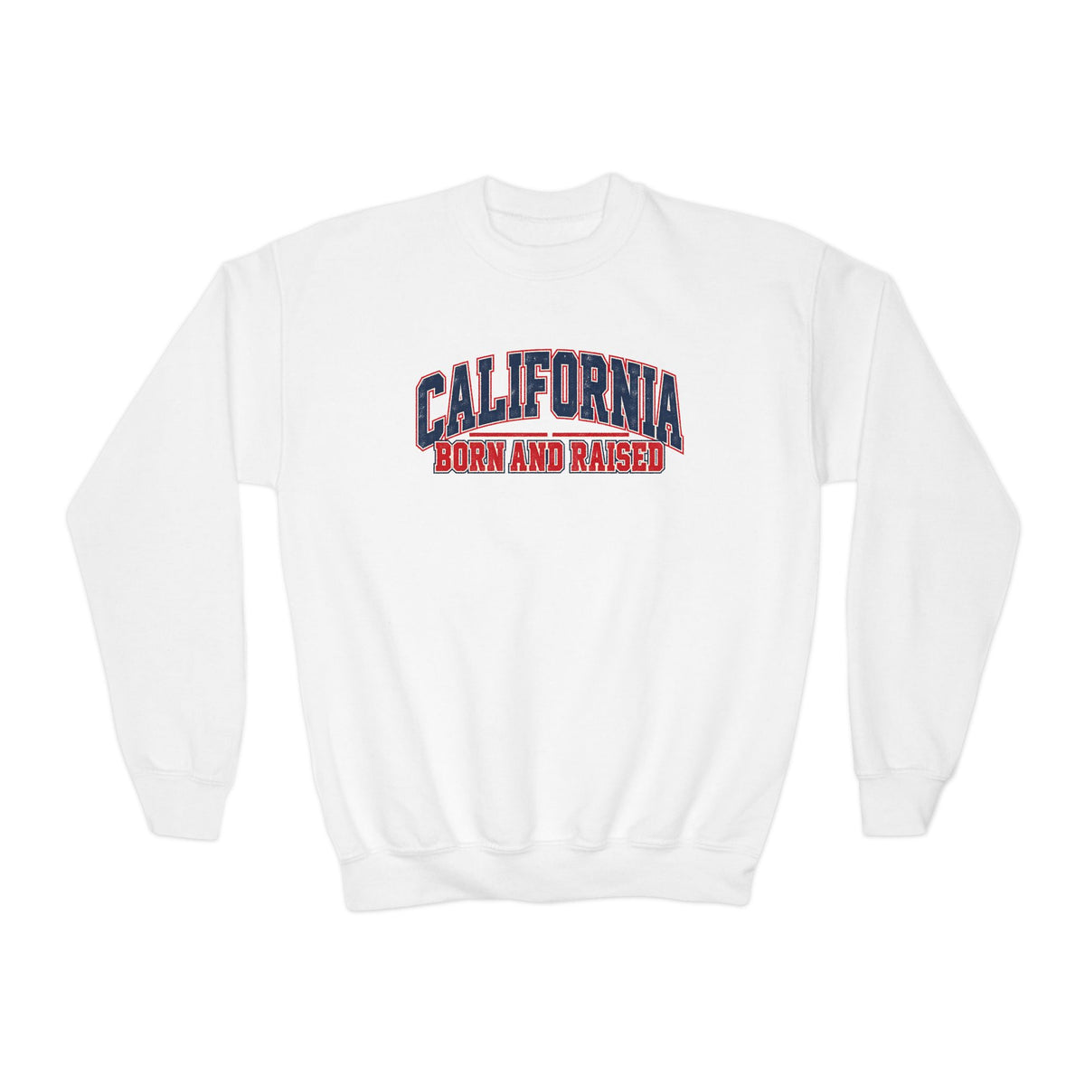 California Born and Raised Vintage Collegiate Unisex Youth Crewneck Sweatshirt Graphic