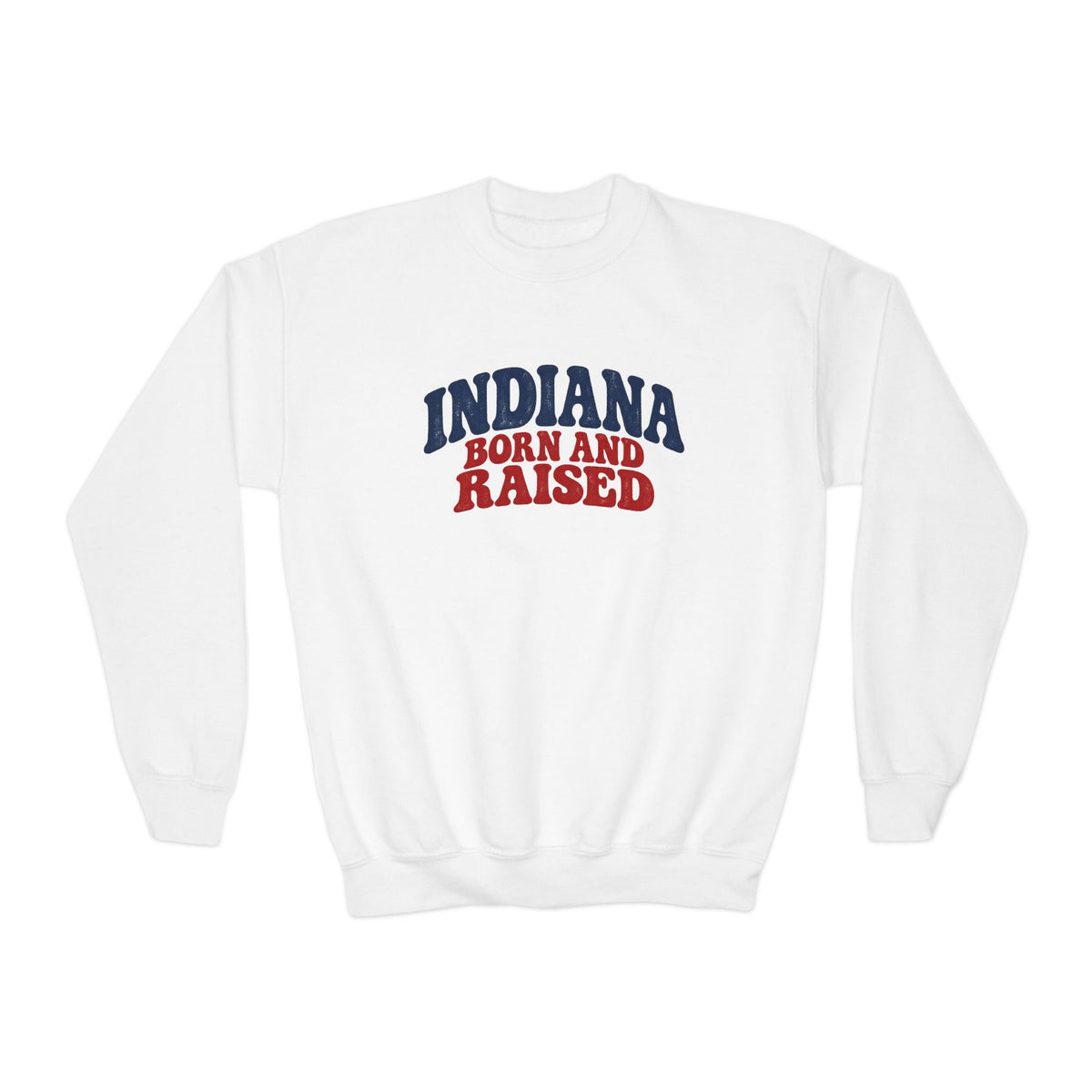 Indiana Born and Raised Retro 1970s Unisex Youth Crewneck Sweatshirt Graphic