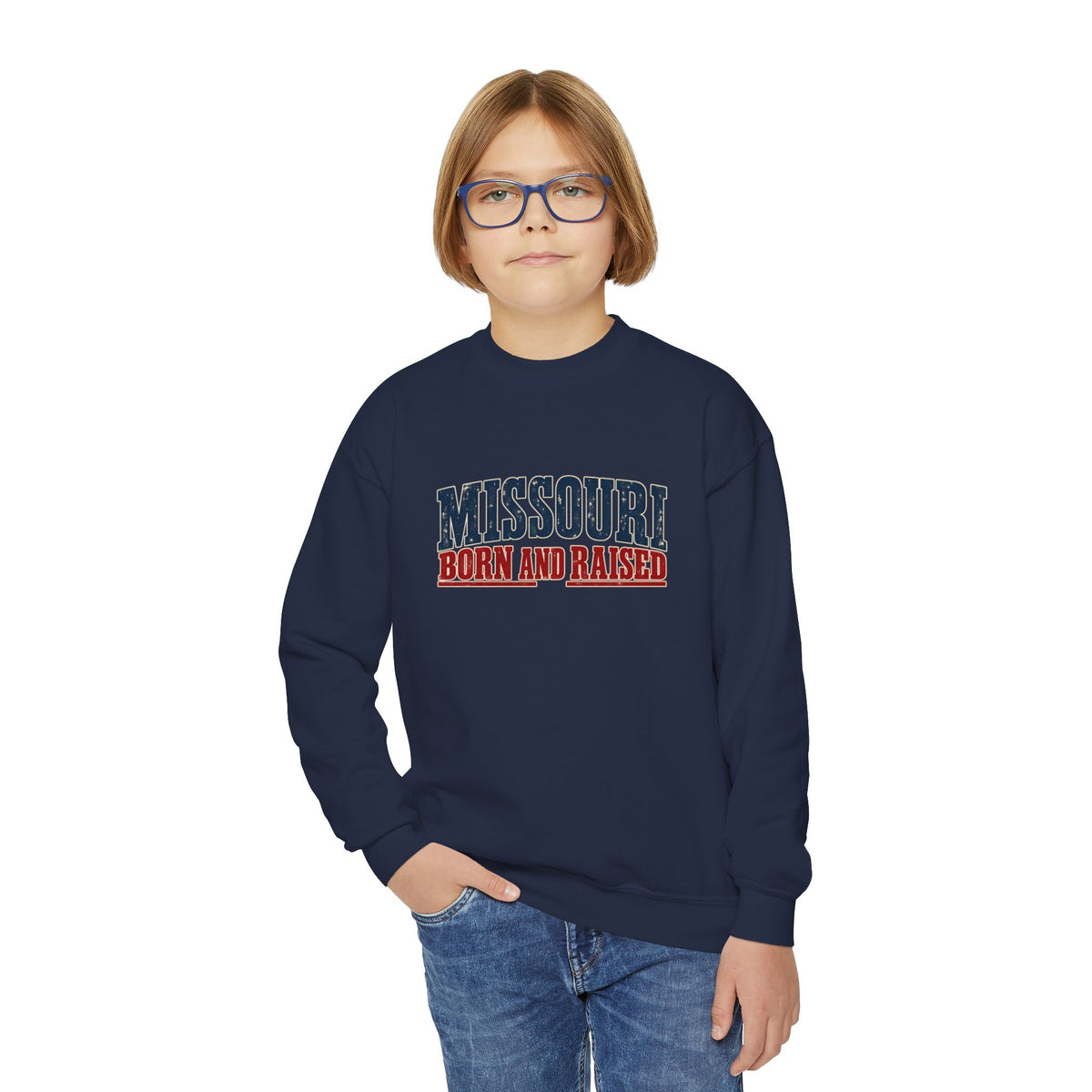 Missouri Born and Raised Old-School Americana Unisex Youth Crewneck Sweatshirt Graphic