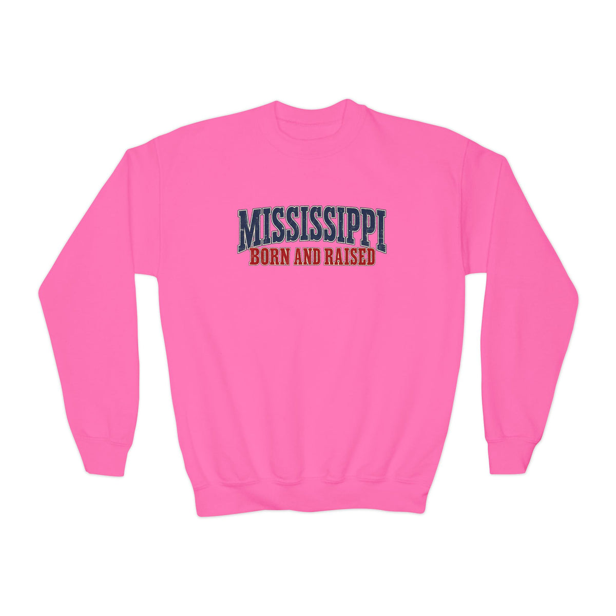 Mississippi Born and Raised Vintage Americana Unisex Youth Crewneck Sweatshirt Graphic