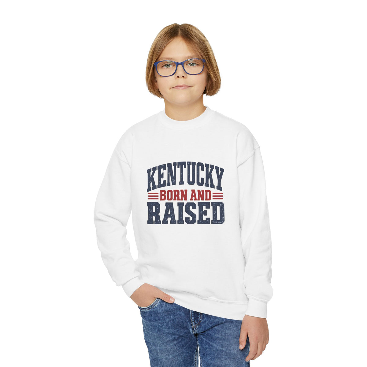 Kentucky Born and Raised Vintage Americana Unisex Youth Crewneck Sweatshirt Graphic