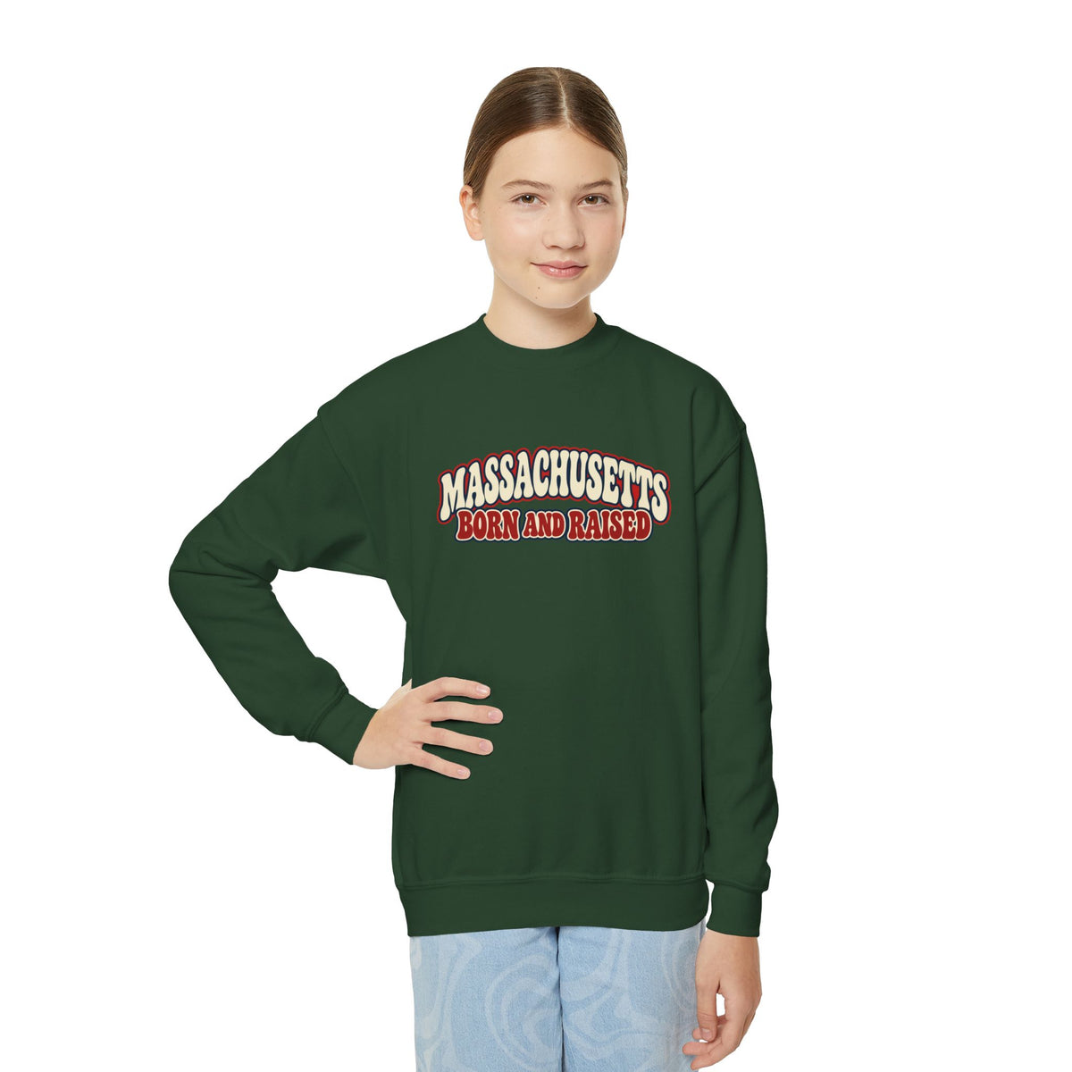 Massachusetts Born and Raised Retro 1970s Unisex Youth Crewneck Sweatshirt