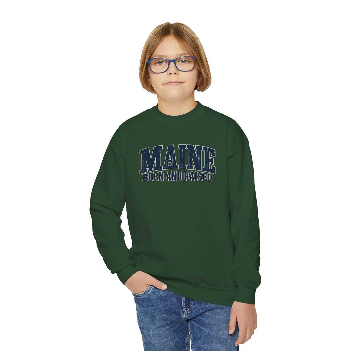 Maine Born and Raised Coastal Heritage Unisex Youth Crewneck Sweatshirt