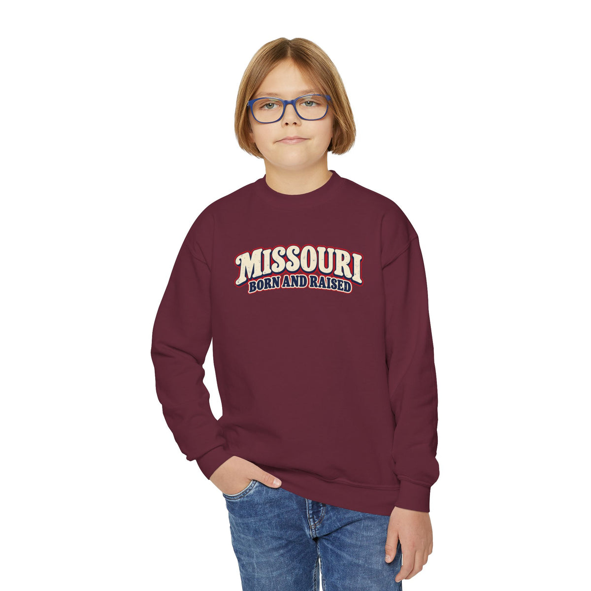 Missouri Born and Raised Retro 1970s Unisex Youth Crewneck Sweatshirt Graphic