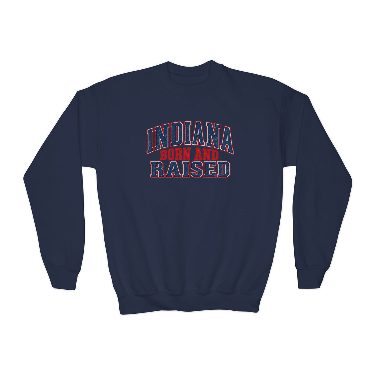 Indiana Born and Raised Bold Hometown Pride Unisex Youth Crewneck Sweatshirt Graphic