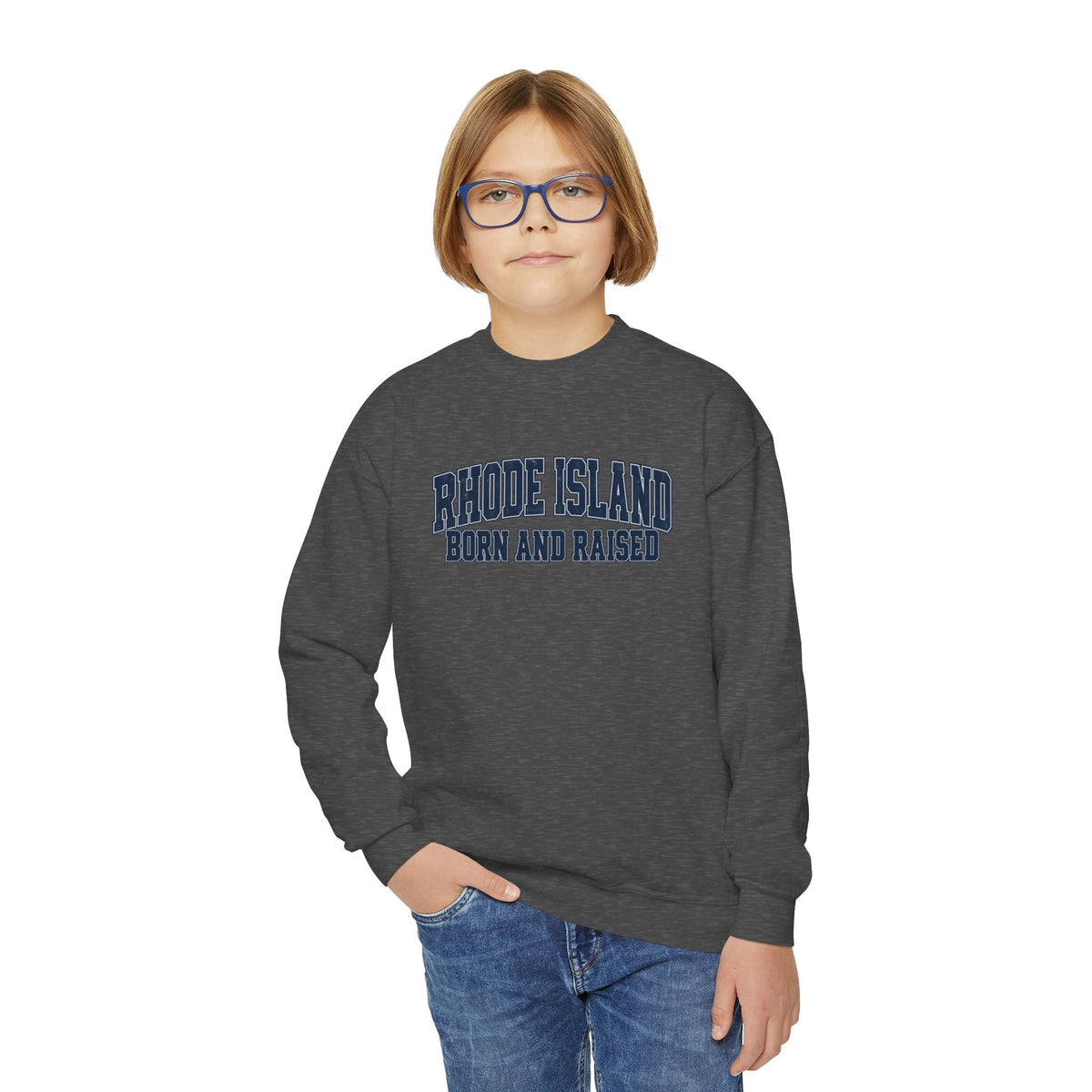 Rhode Island Born and Raised Vintage Collegiate Unisex Youth Crewneck Sweatshirt Graphic