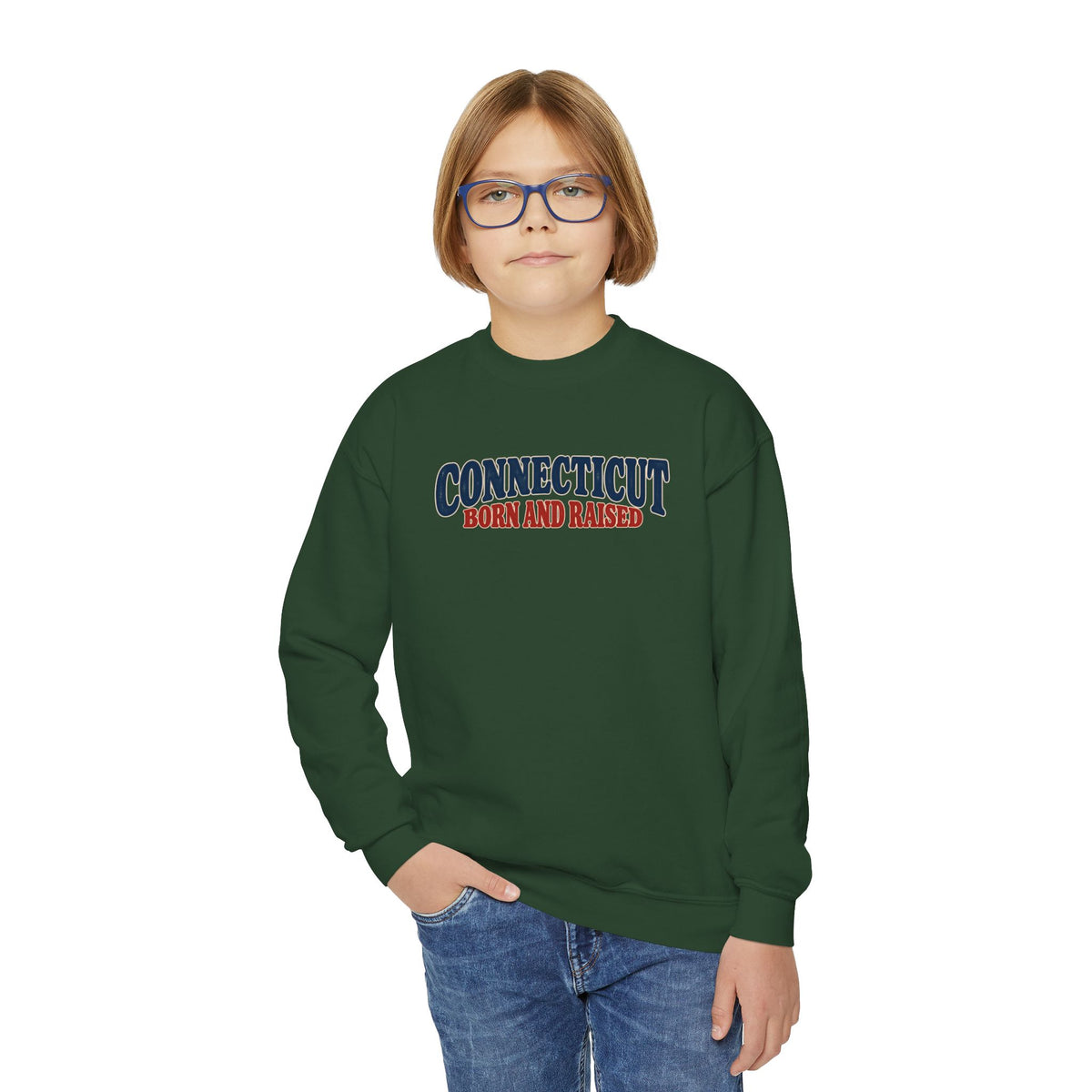 Connecticut Born and Raised 1970s Americana Unisex Youth Crewneck Sweatshirt