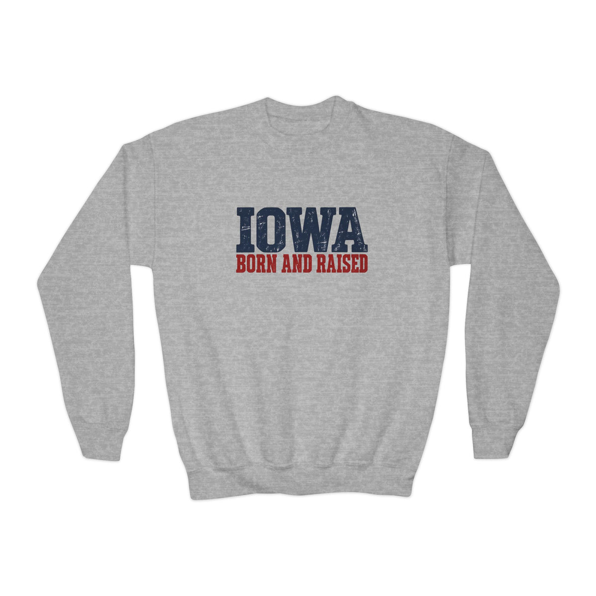 Iowa Born and Raised Rustic Midwest Unisex Youth Crewneck Sweatshirt Graphic