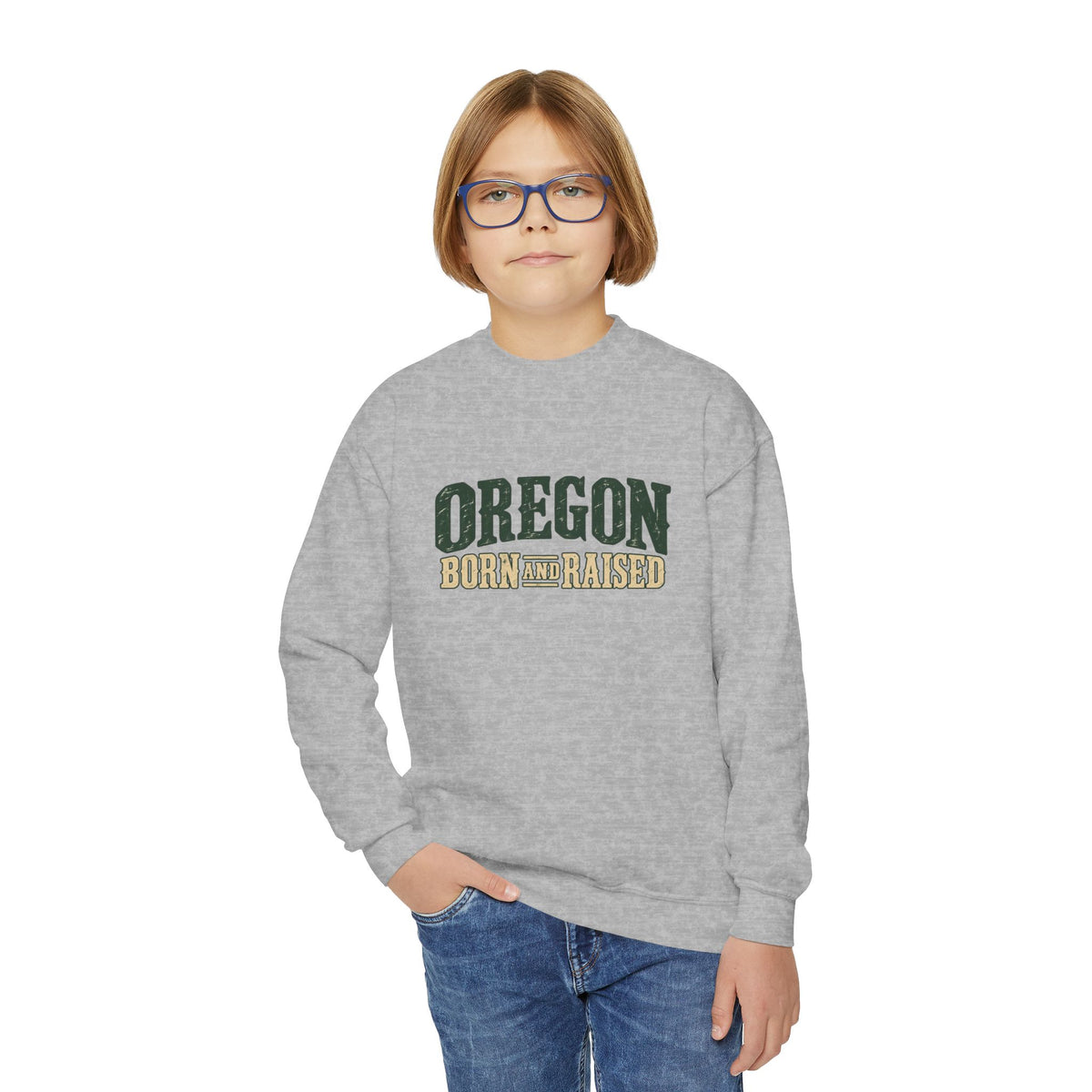 Oregon Born and Raised Rustic Pacific Northwest Unisex Youth Crewneck Sweatshirt Graphic