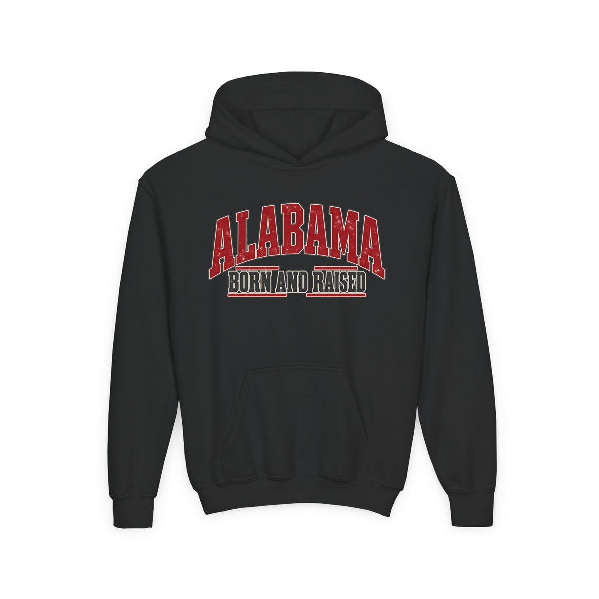 Alabama Born and Raised Bold Southern Americana Unisex Youth Heavy Blend Hooded Sweatshirt Graphic