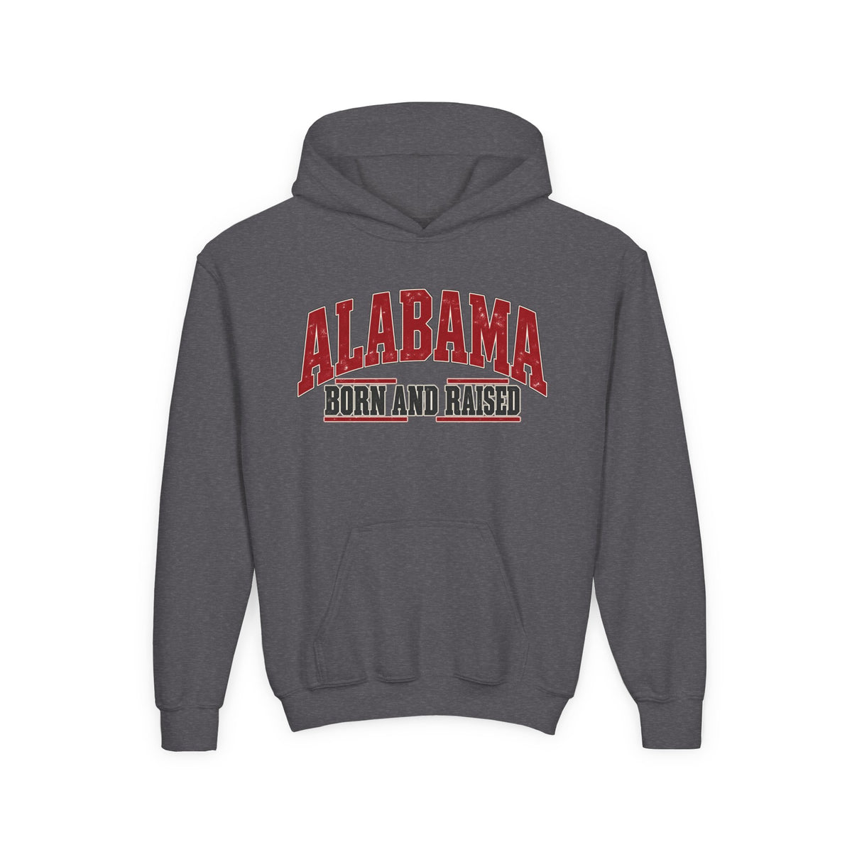 Alabama Born and Raised Bold Southern Americana Unisex Youth Heavy Blend Hooded Sweatshirt Graphic