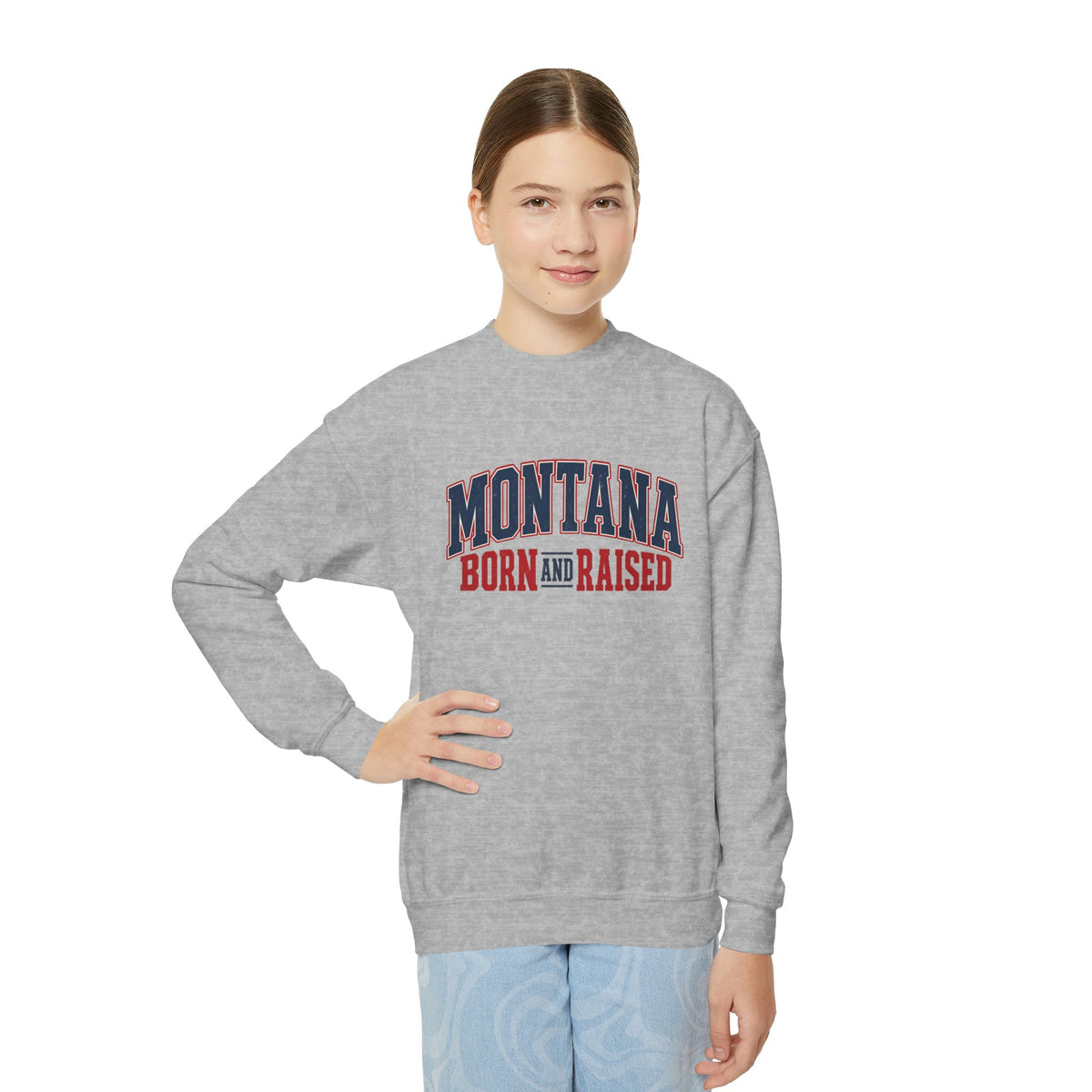 Montana Born and Raised Vintage Americana Unisex Youth Crewneck Sweatshirt Graphic