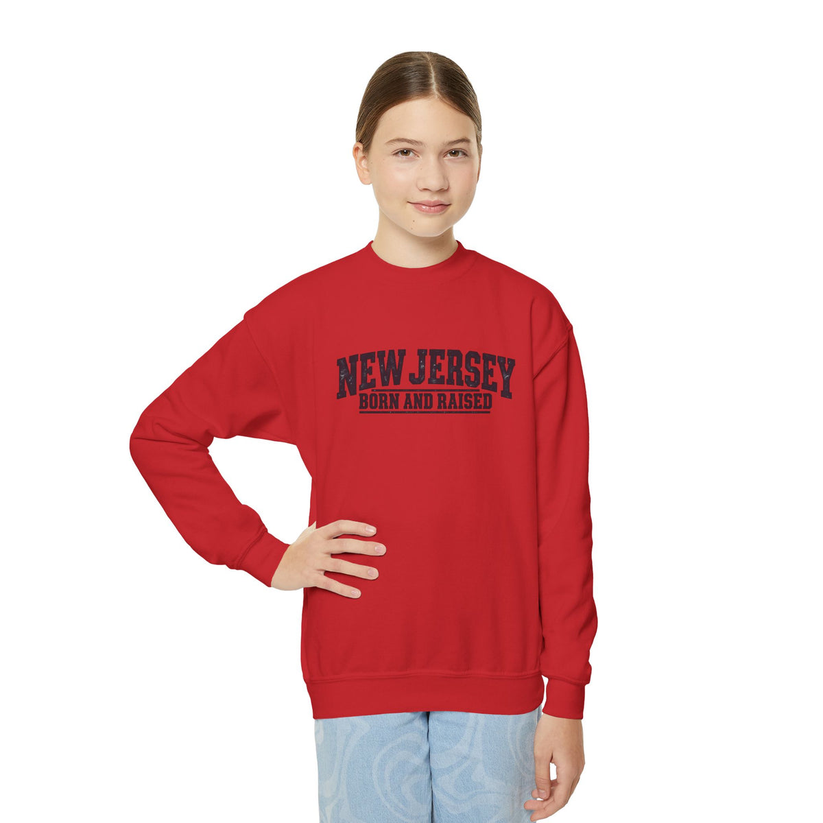 New Jersey Born and Raised Rugged Workwear Unisex Youth Crewneck Sweatshirt Graphic