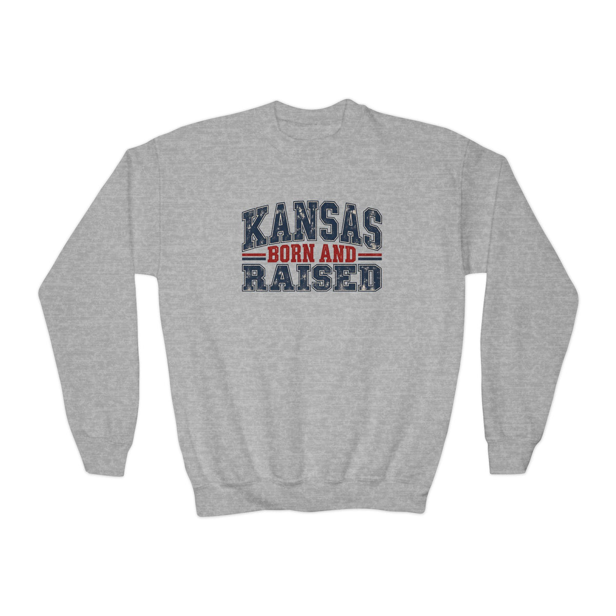 Kansas Born and Raised Vintage Americana Unisex Youth Crewneck Sweatshirt Graphic