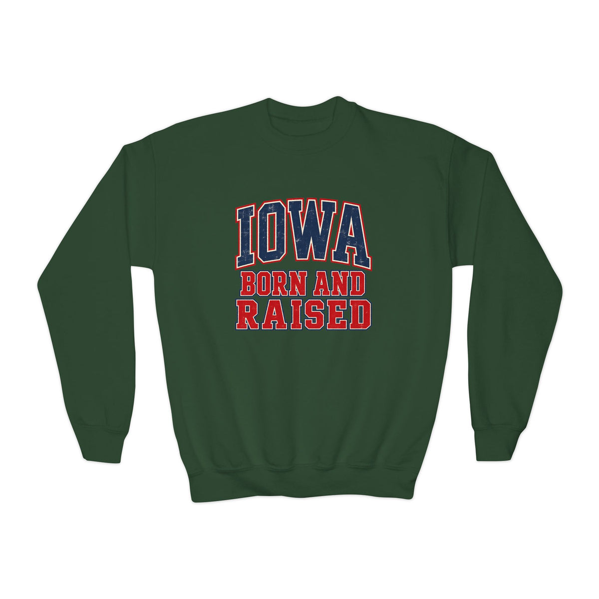 Iowa Born and Raised Vintage Collegiate Unisex Youth Crewneck Sweatshirt Graphic