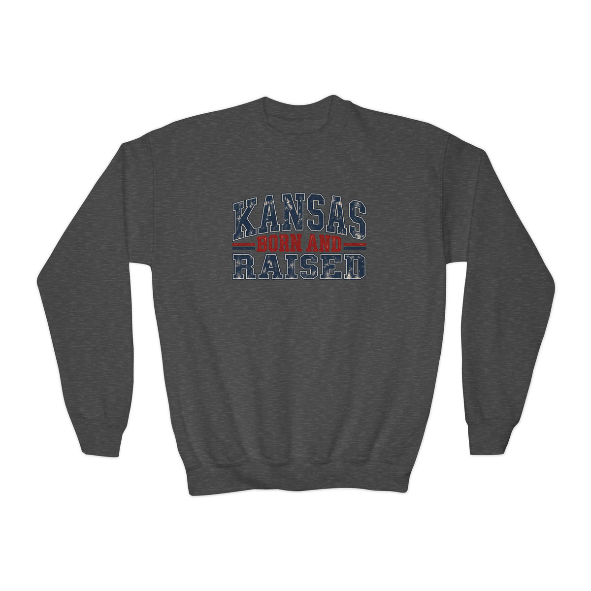 Kansas Born and Raised Vintage Americana Unisex Youth Crewneck Sweatshirt Graphic