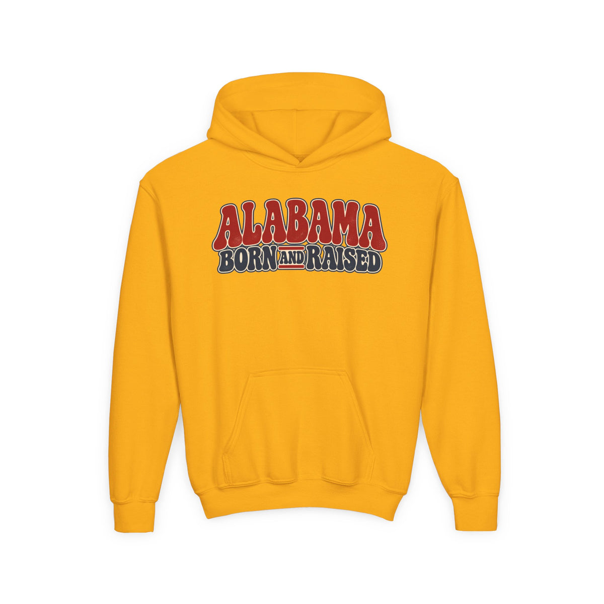 Alabama Born and Raised Retro 1970s Americana Unisex Youth Heavy Blend Hooded Sweatshirt Graphic
