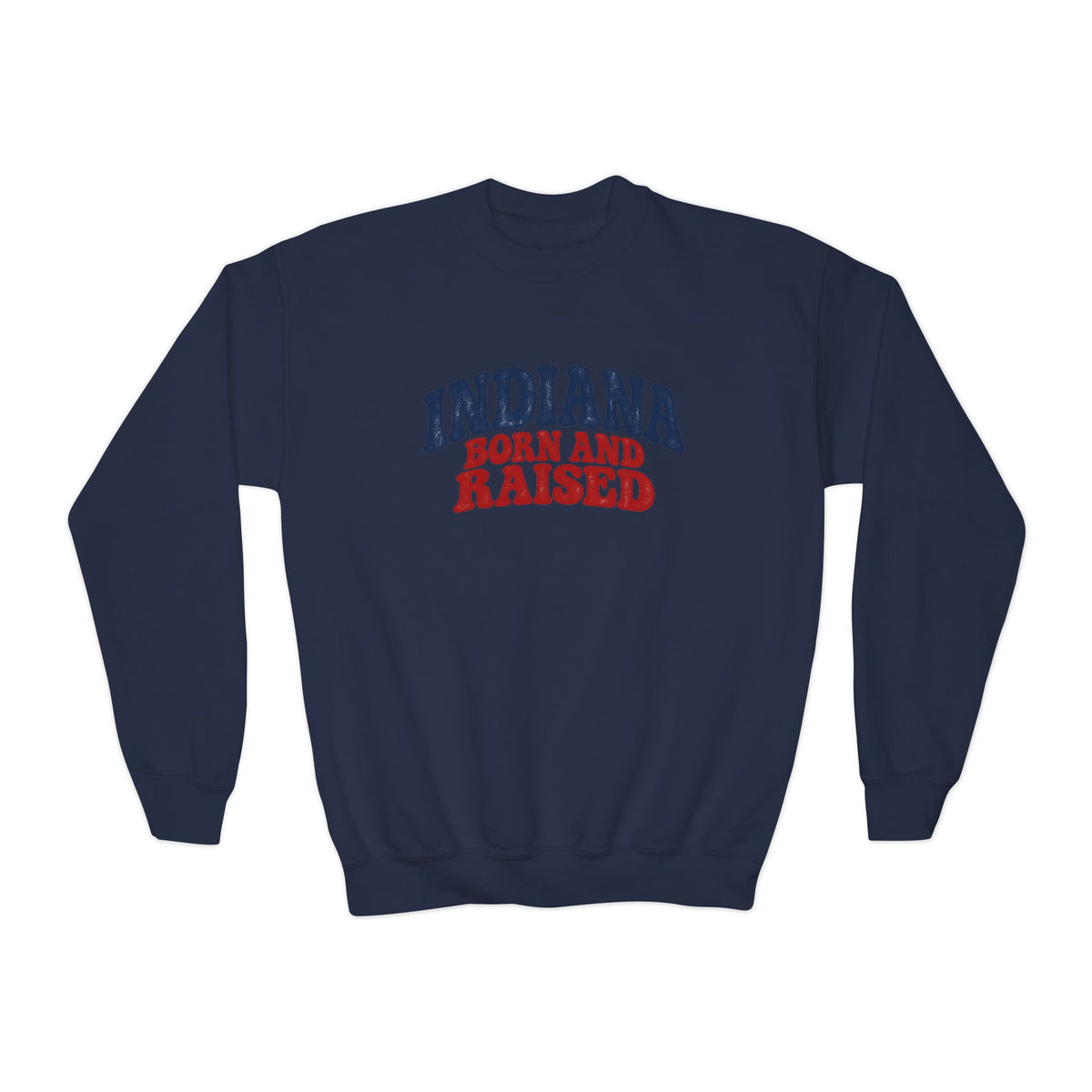 Indiana Born and Raised Retro 1970s Unisex Youth Crewneck Sweatshirt Graphic