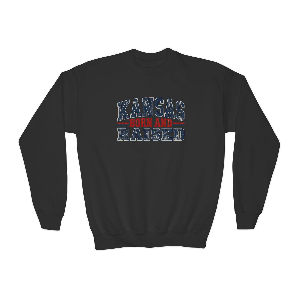 Kansas Born and Raised Vintage Americana Unisex Youth Crewneck Sweatshirt Graphic