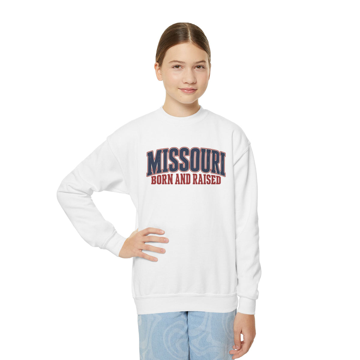 Missouri Born and Raised Vintage Americana Unisex Youth Crewneck Sweatshirt Graphic