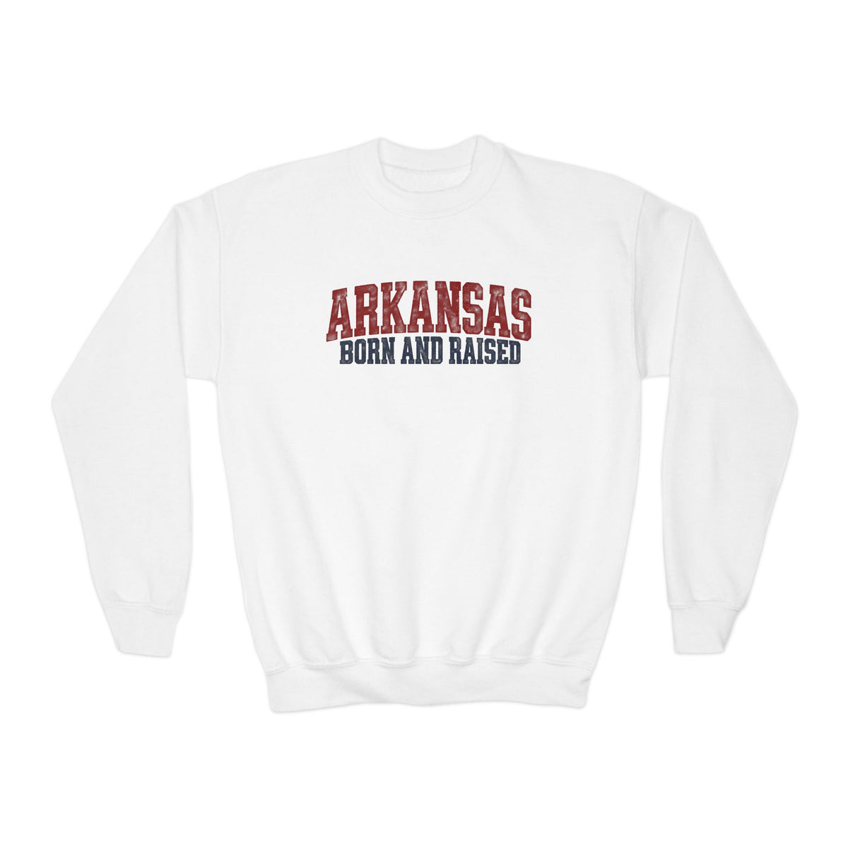 Arkansas Born and Raised Rugged Workwear Unisex Youth Crewneck Sweatshirt Graphic
