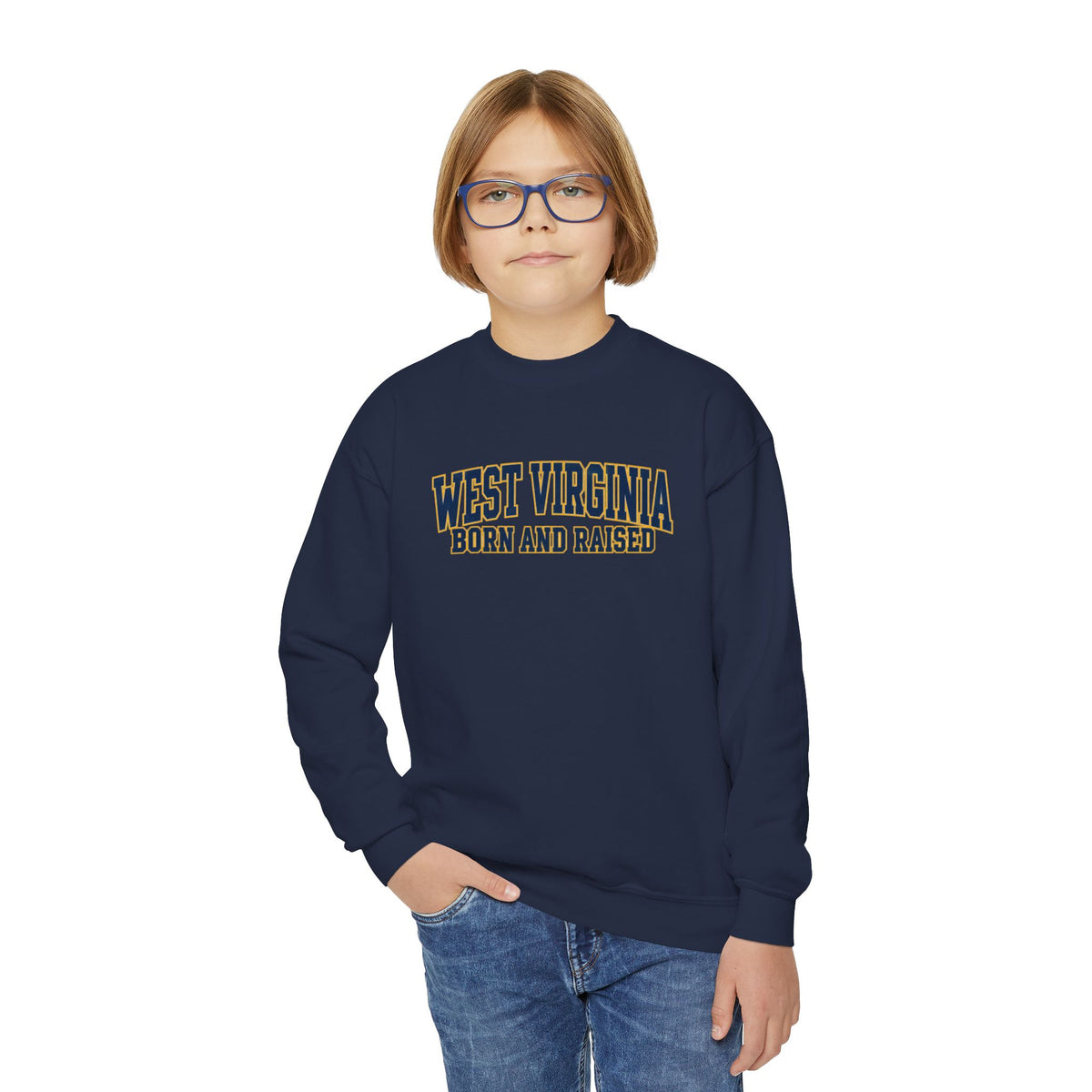 West Virginia Born and Raised Classic Collegiate Unisex Youth Crewneck Sweatshirt Graphic