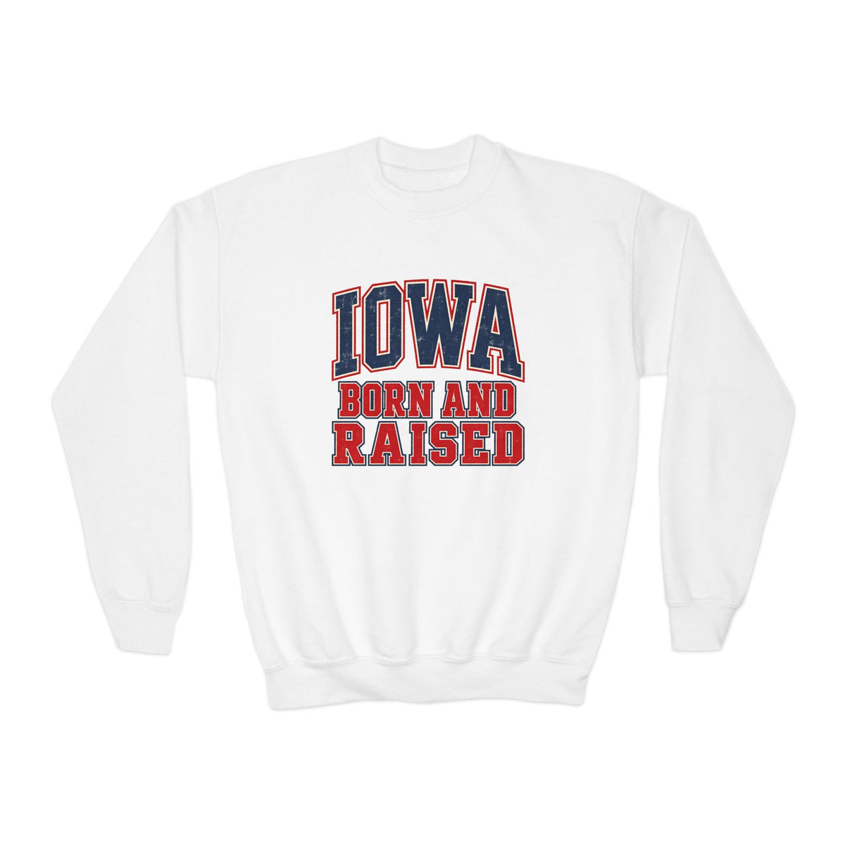 Iowa Born and Raised Vintage Collegiate Unisex Youth Crewneck Sweatshirt Graphic