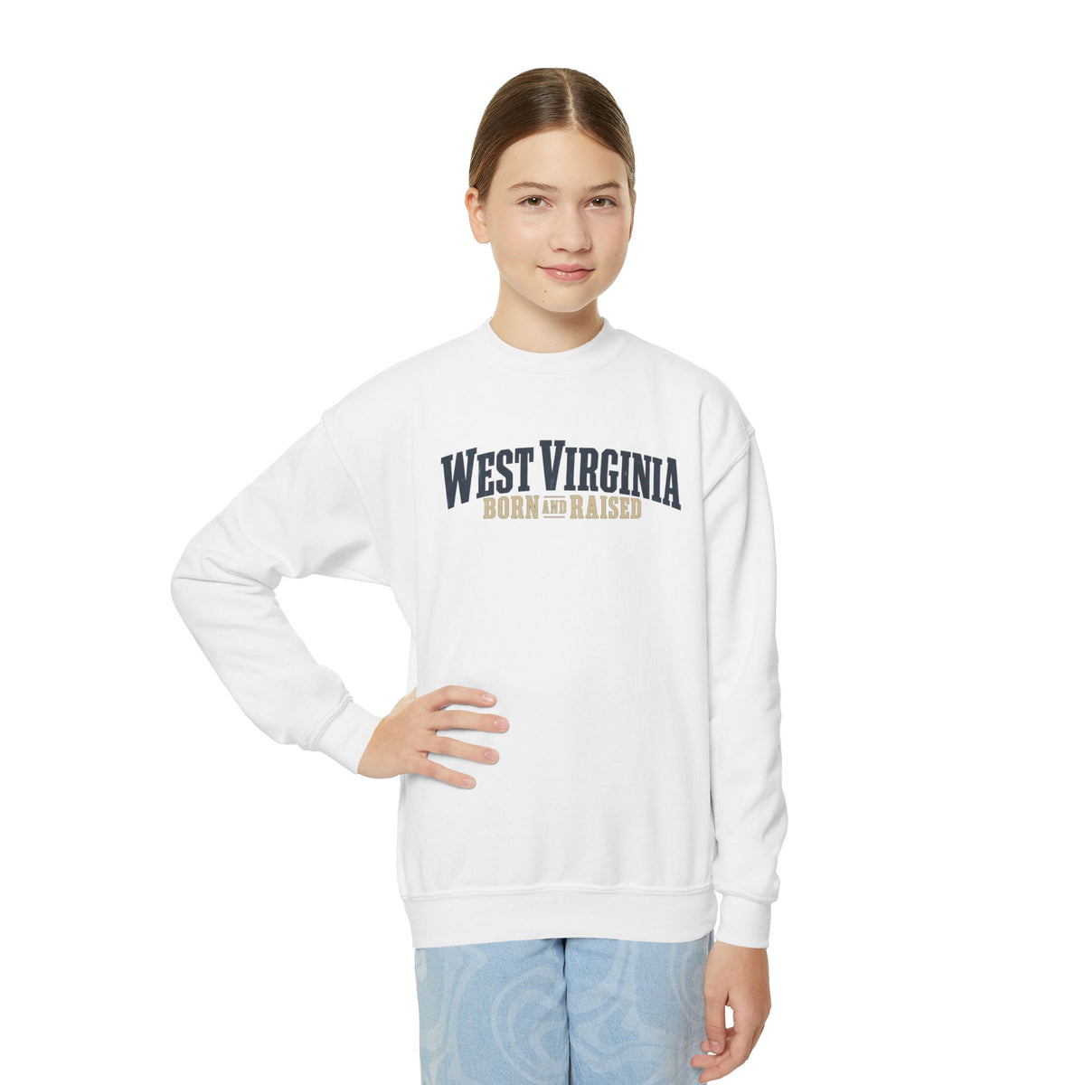 West Virginia Born and Raised Southern Heritage Unisex Youth Crewneck Sweatshirt Graphic