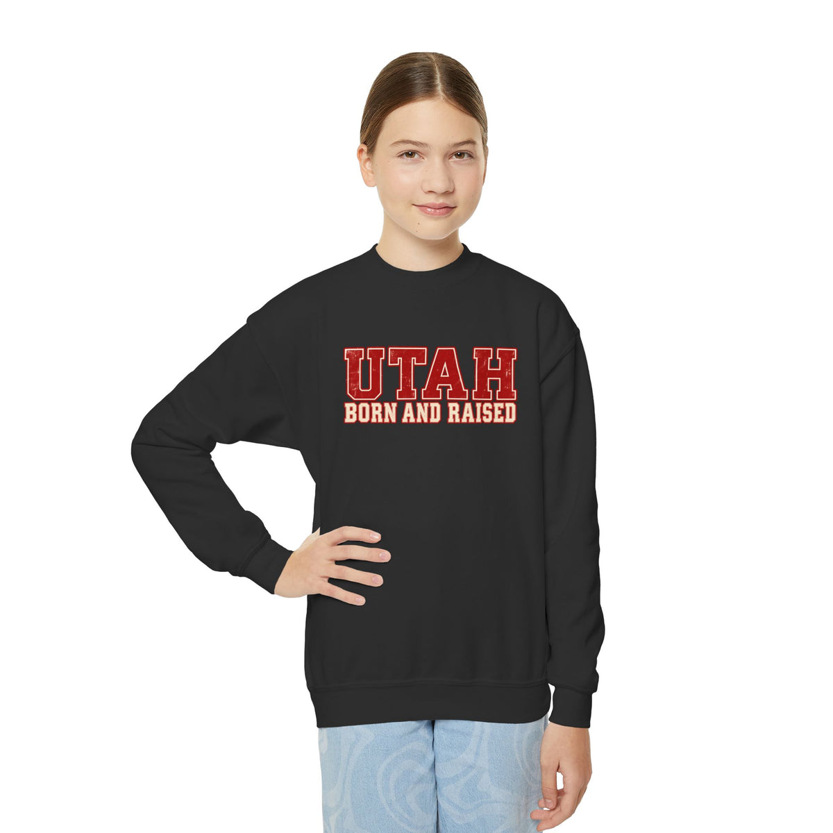 Utah Born and Raised Vintage Athletic Unisex Youth Crewneck Sweatshirt Graphic