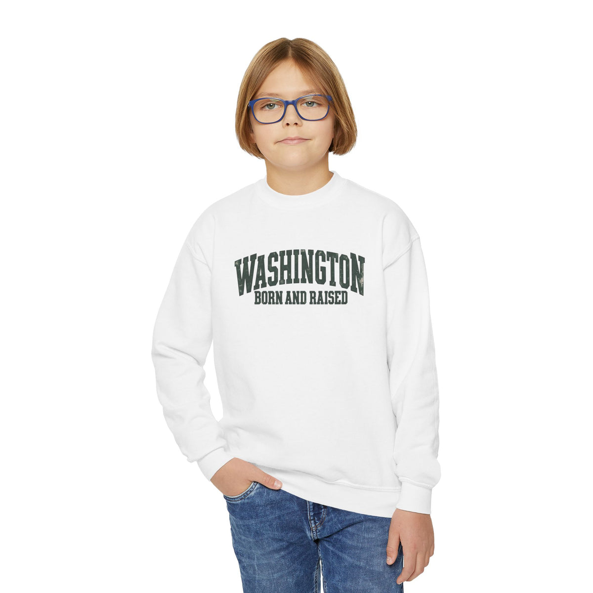Washington Born and Raised Vintage Workwear Unisex Youth Crewneck Sweatshirt Graphic