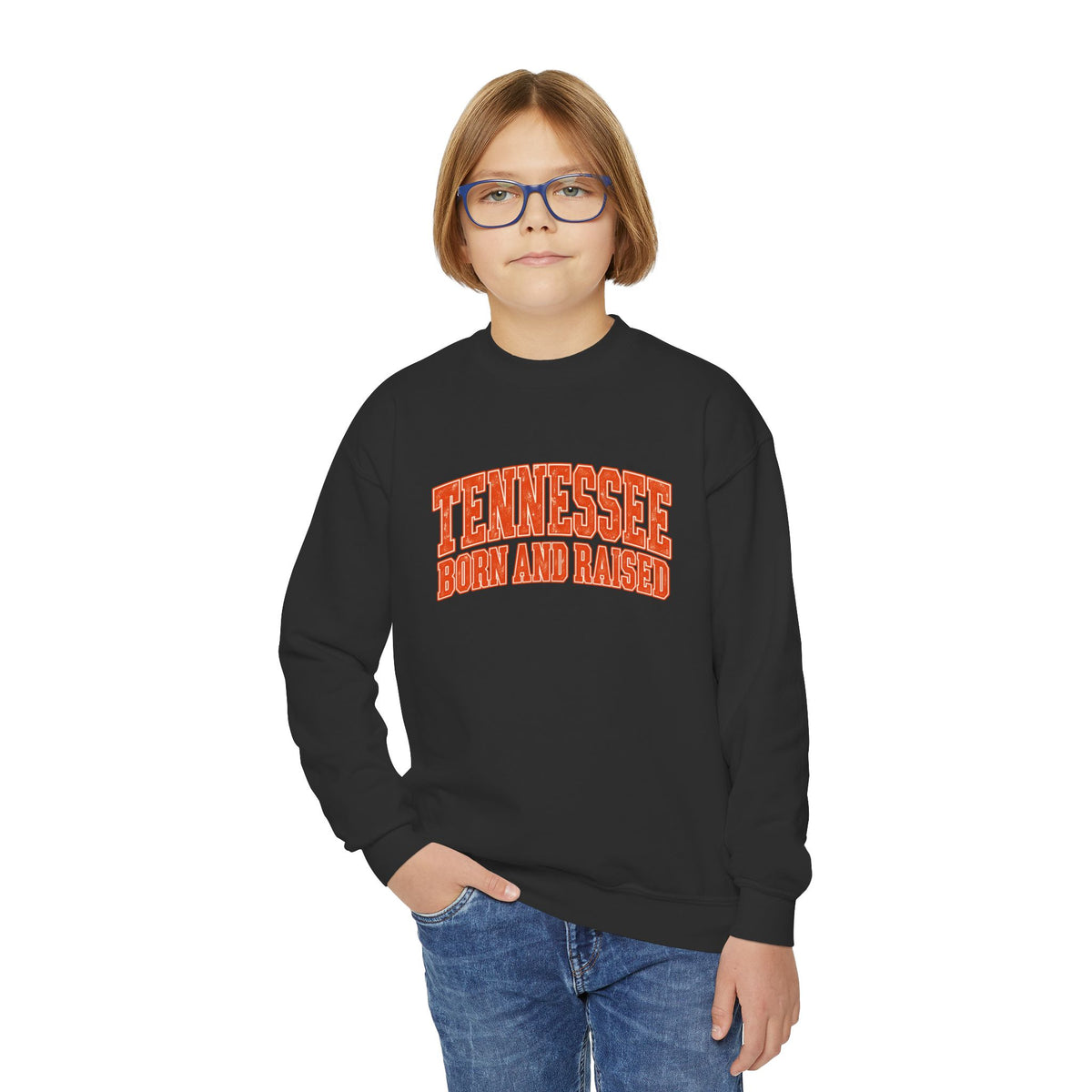Tennessee Born and Raised Southern Collegiate Unisex Youth Crewneck Sweatshirt Graphic
