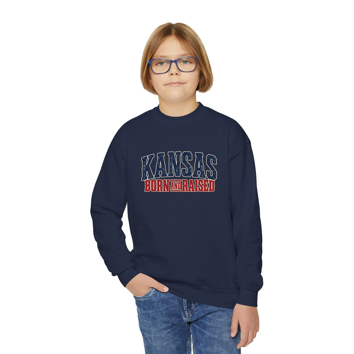 Kansas Born and Raised Western Heritage Unisex Youth Crewneck Sweatshirt Graphic