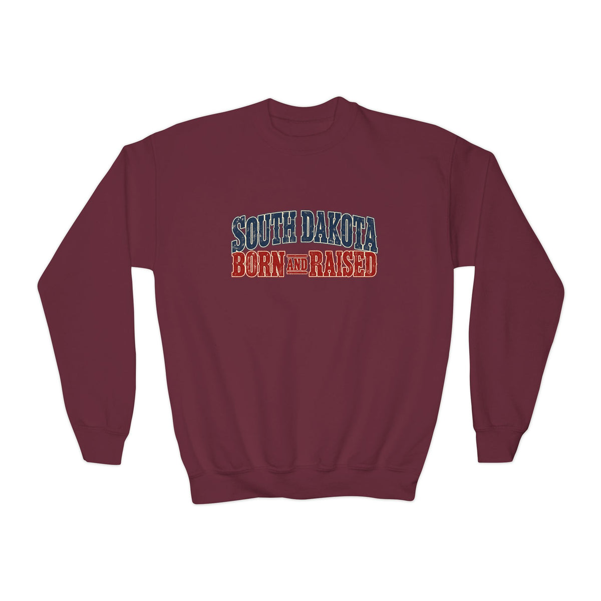 South Dakota Born and Raised Old-School Souvenir Unisex Youth Crewneck Sweatshirt Graphic