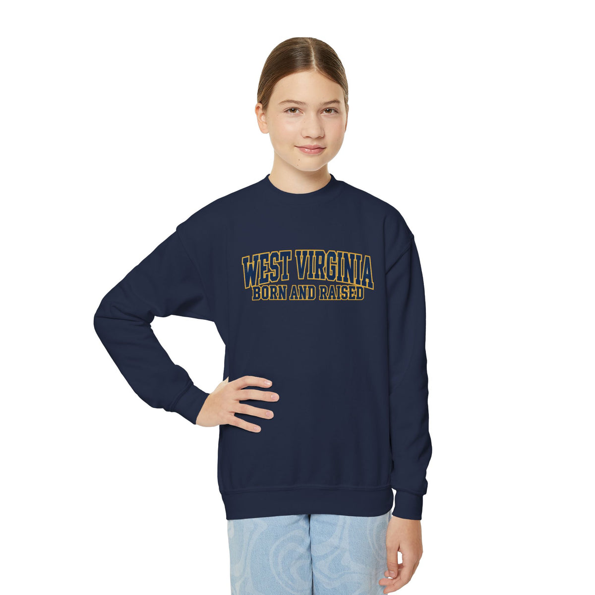 West Virginia Born and Raised Classic Collegiate Unisex Youth Crewneck Sweatshirt Graphic