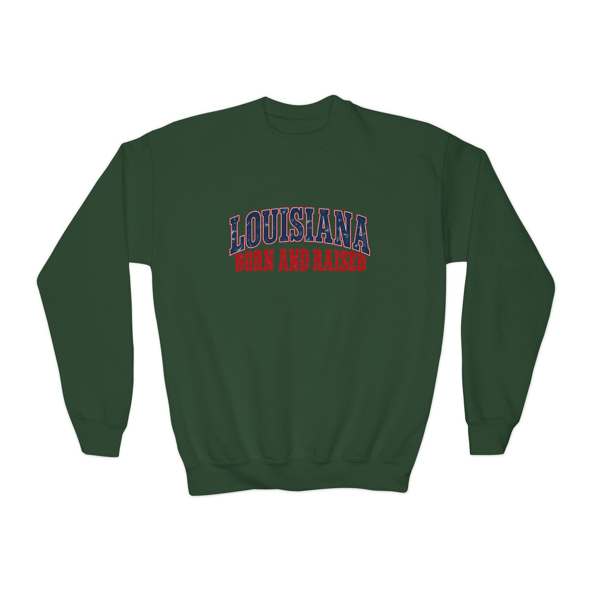 Louisiana Born and Raised Gulf South Heritage Unisex Youth Crewneck Sweatshirt Graphic