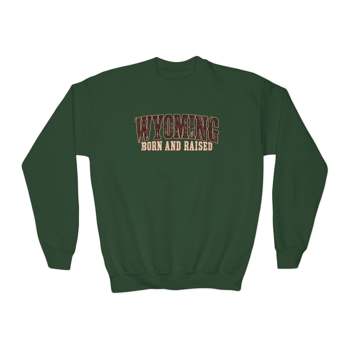 Wyoming Born and Raised Vintage Western Americana Unisex Youth Crewneck Sweatshirt Graphic