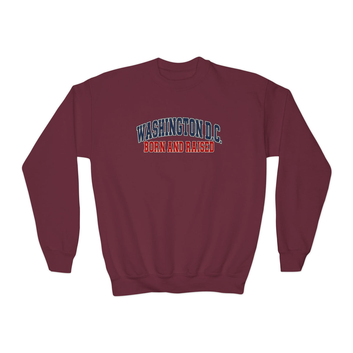 Washington DC Born and Raised Classic Collegiate Unisex Youth Crewneck Sweatshirt Graphic