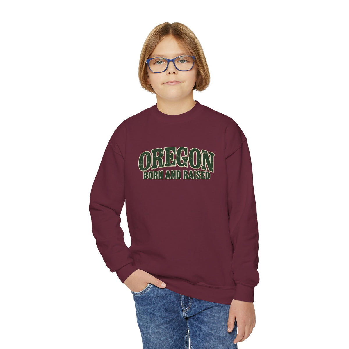 Oregon Born and Raised Classic Souvenir Unisex Youth Crewneck Sweatshirt Graphic