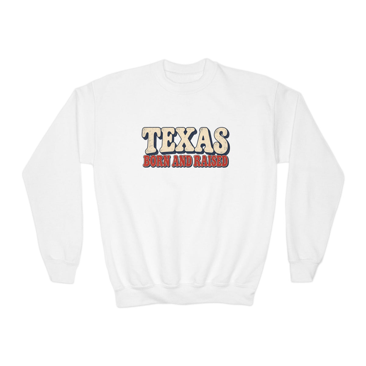 Texas Born and Raised Retro Americana Unisex Youth Crewneck Sweatshirt Graphic