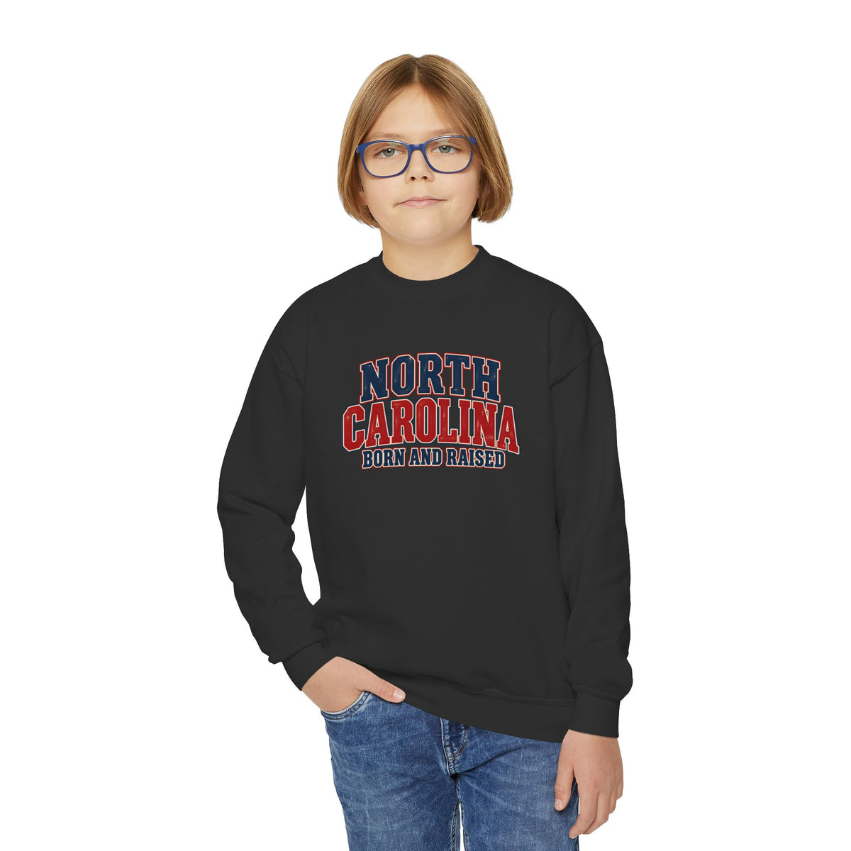 North Carolina Born and Raised Vintage Americana Unisex Youth Crewneck Sweatshirt Graphic