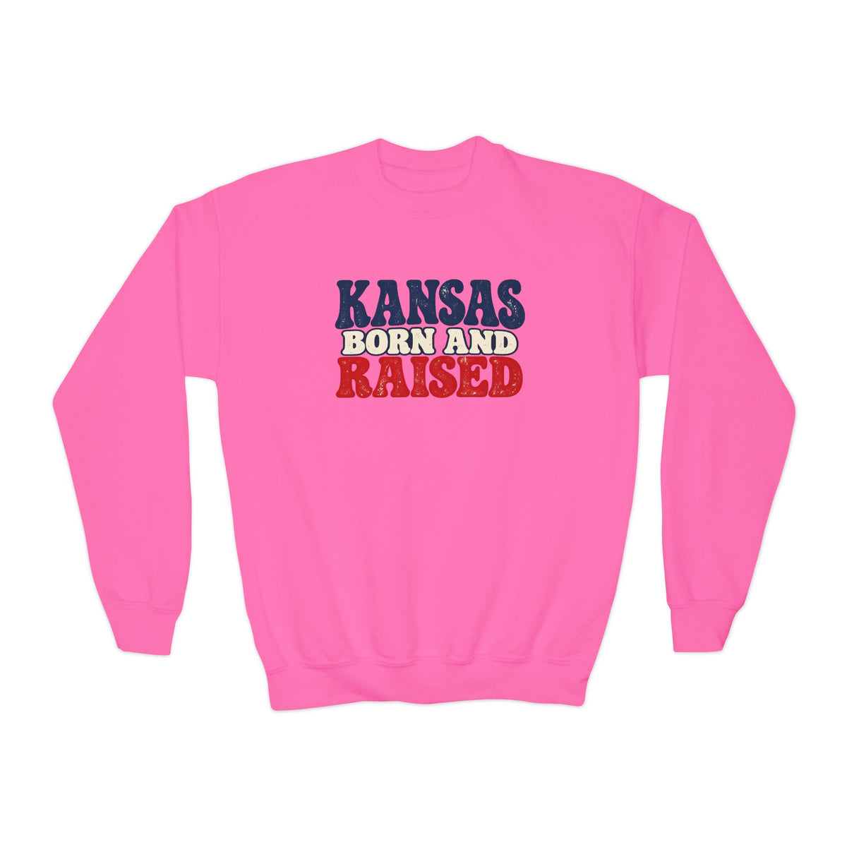 Kansas Born and Raised Retro 1970s Unisex Youth Crewneck Sweatshirt Graphic