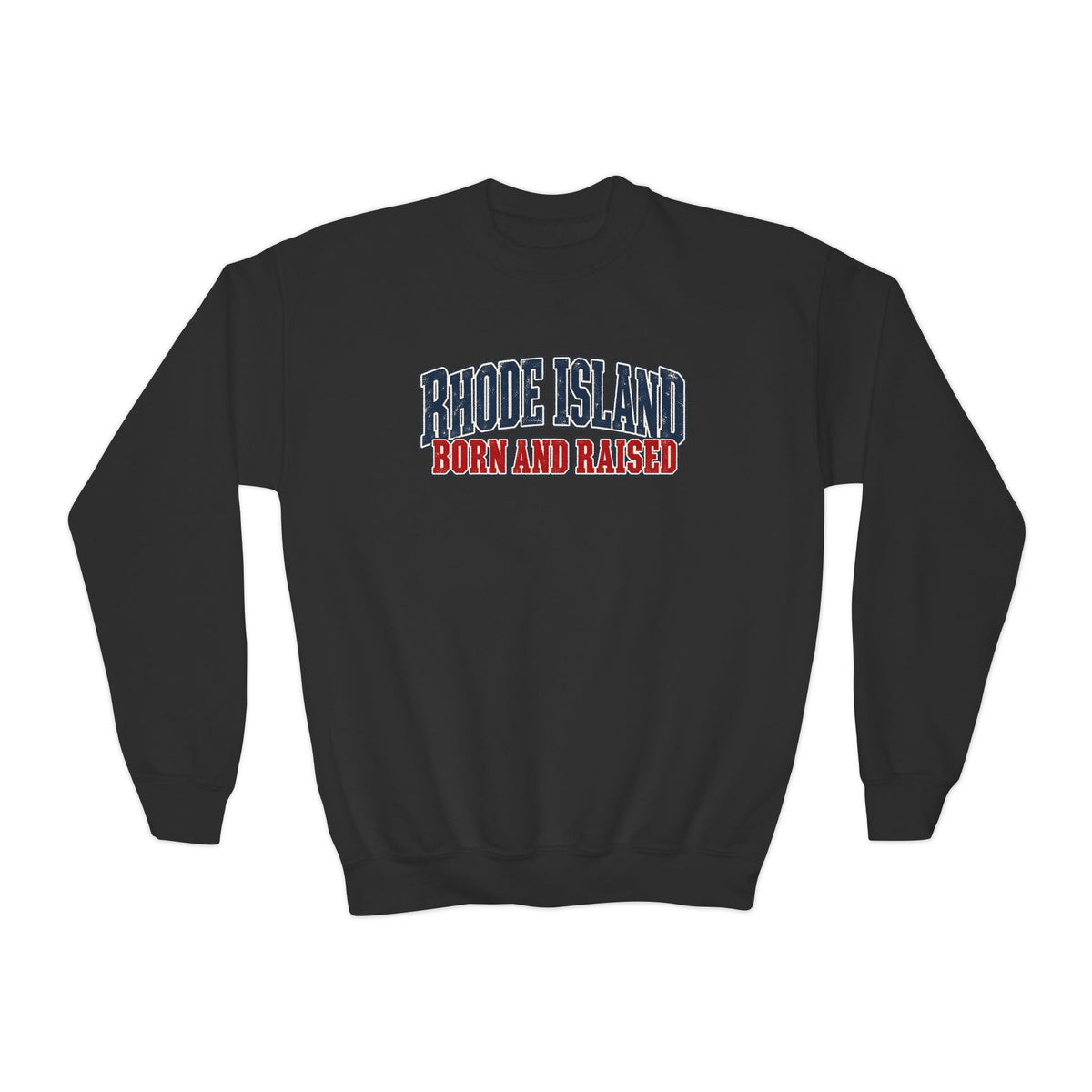 Rhode Island Born and Raised Coastal Heritage Unisex Youth Crewneck Sweatshirt Graphic