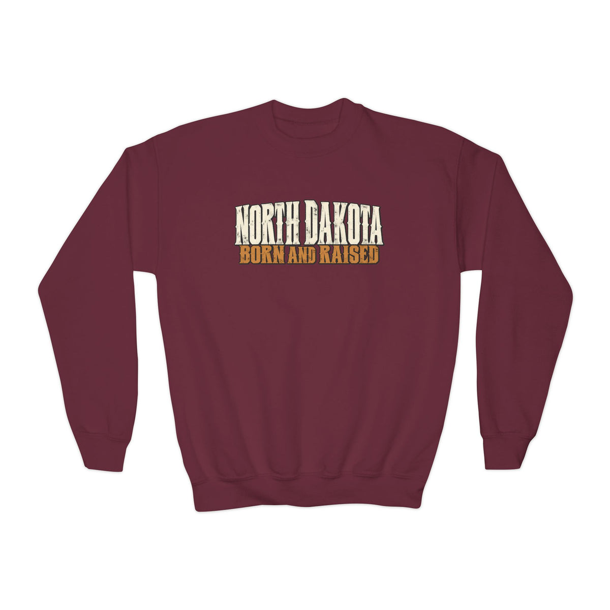 North Dakota Born and Raised Western Streetwear Unisex Youth Crewneck Sweatshirt Graphic