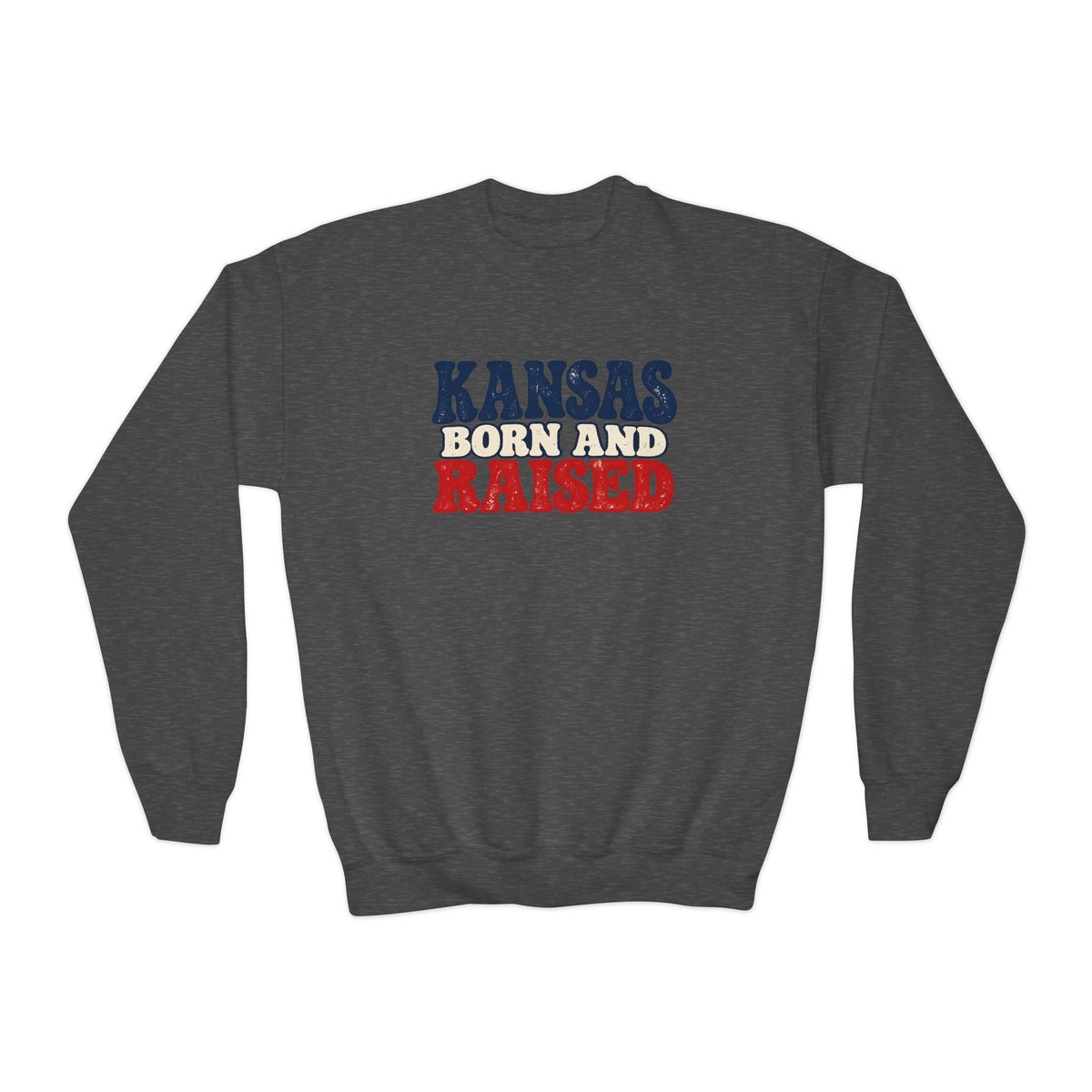 Kansas Born and Raised Retro 1970s Unisex Youth Crewneck Sweatshirt Graphic