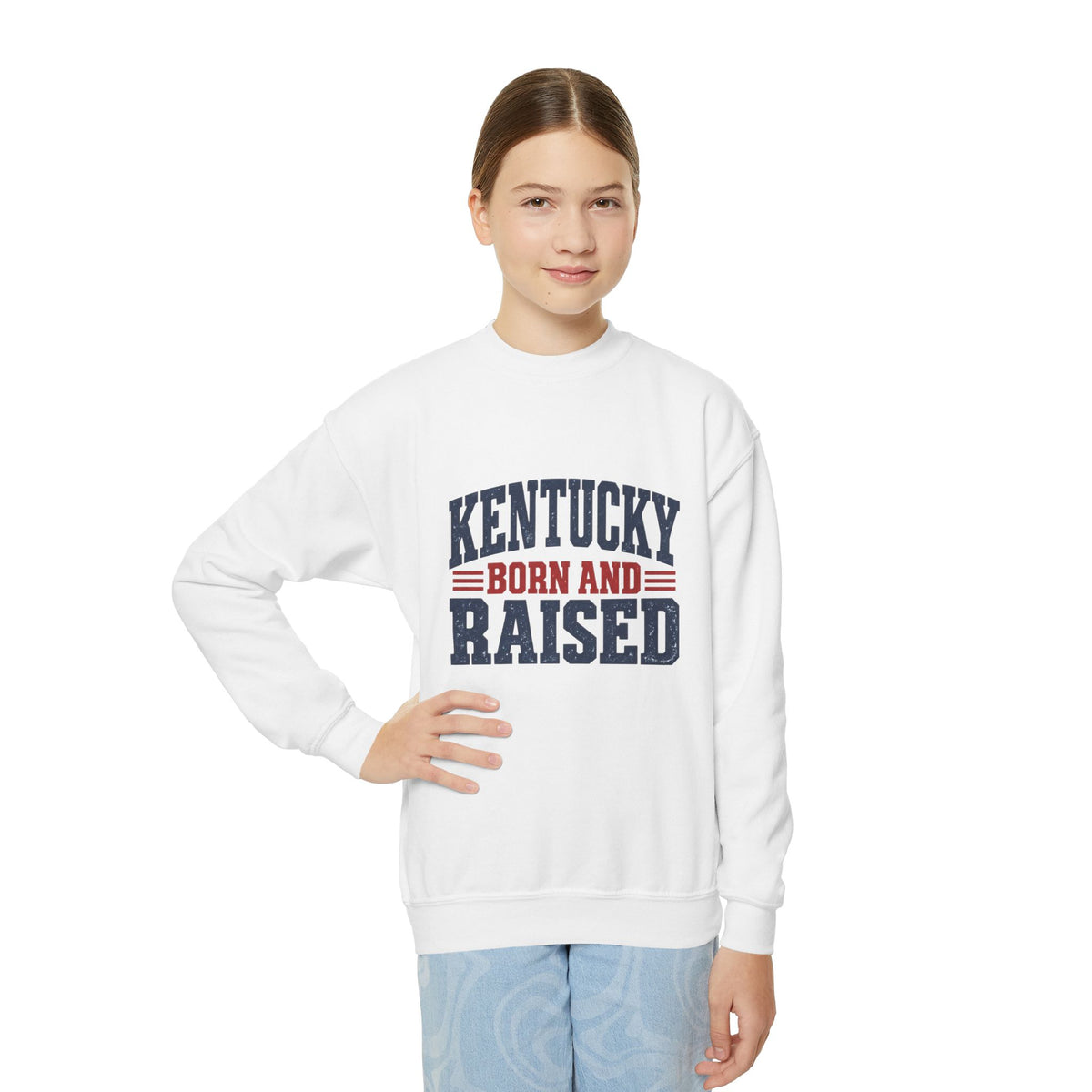 Kentucky Born and Raised Vintage Americana Unisex Youth Crewneck Sweatshirt Graphic