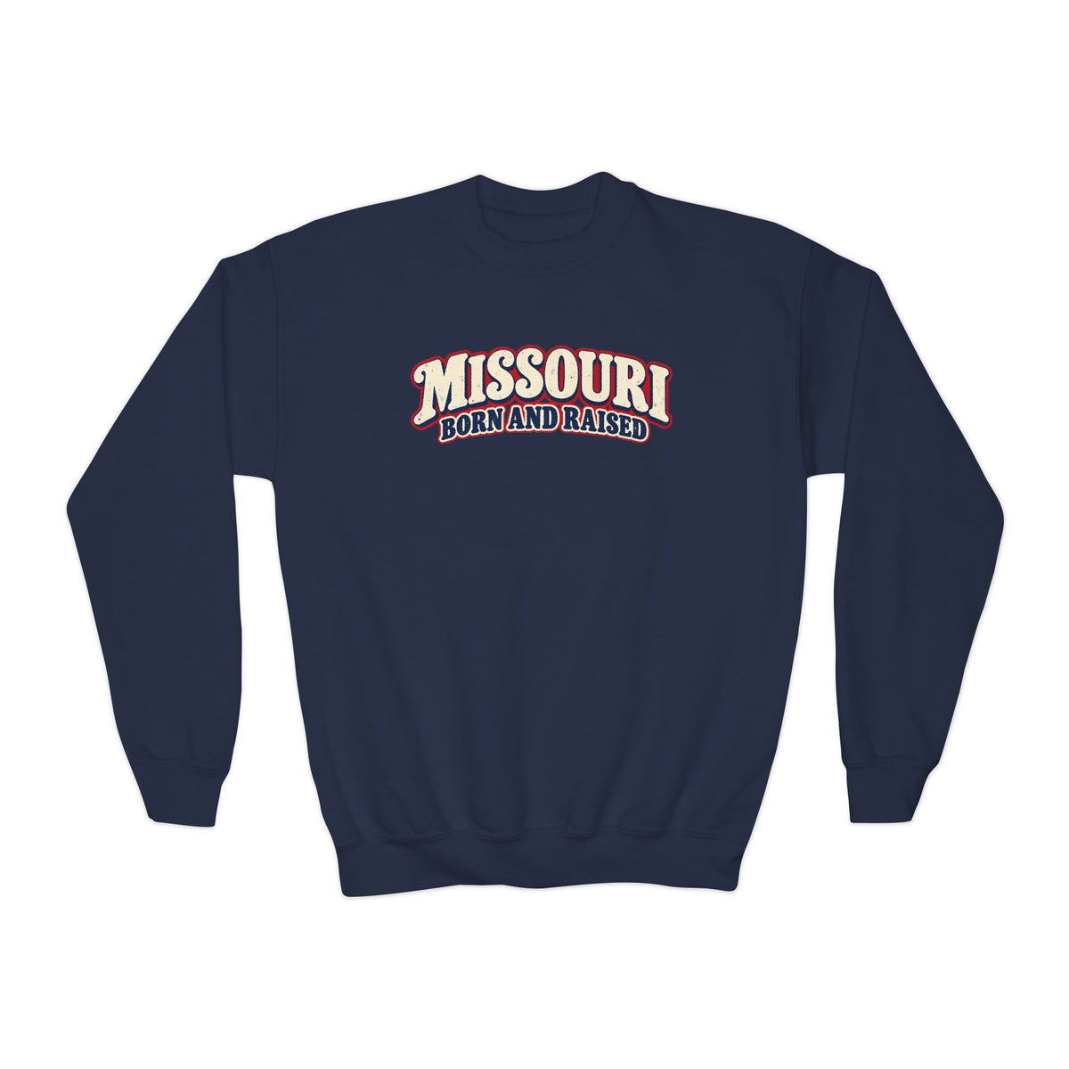 Missouri Born and Raised Retro 1970s Unisex Youth Crewneck Sweatshirt Graphic